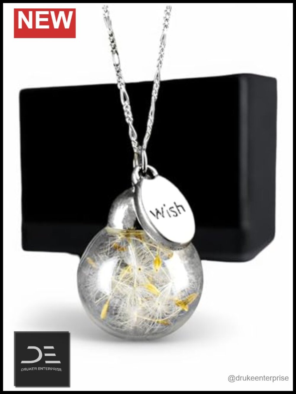 925 Sterling Silver Dandelion Wish Necklace Real Seeds Glass Orb 23.6in
